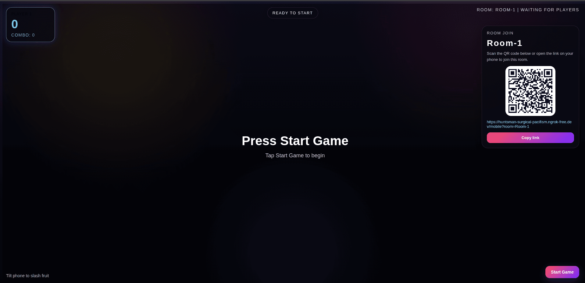Fruit Ninja start screen with room sharing and game controls