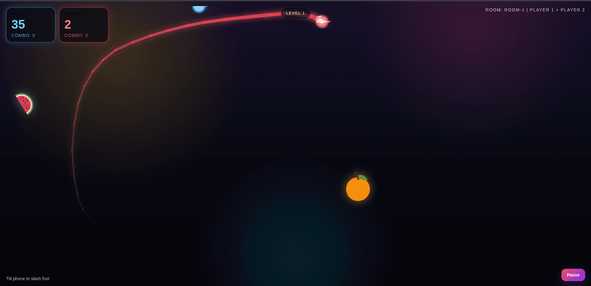 Fruit Ninja multiplayer gameplay with active score and combo overlays